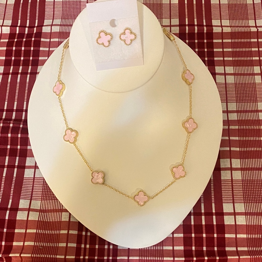 Gold Filled Pink Clover Necklace Set